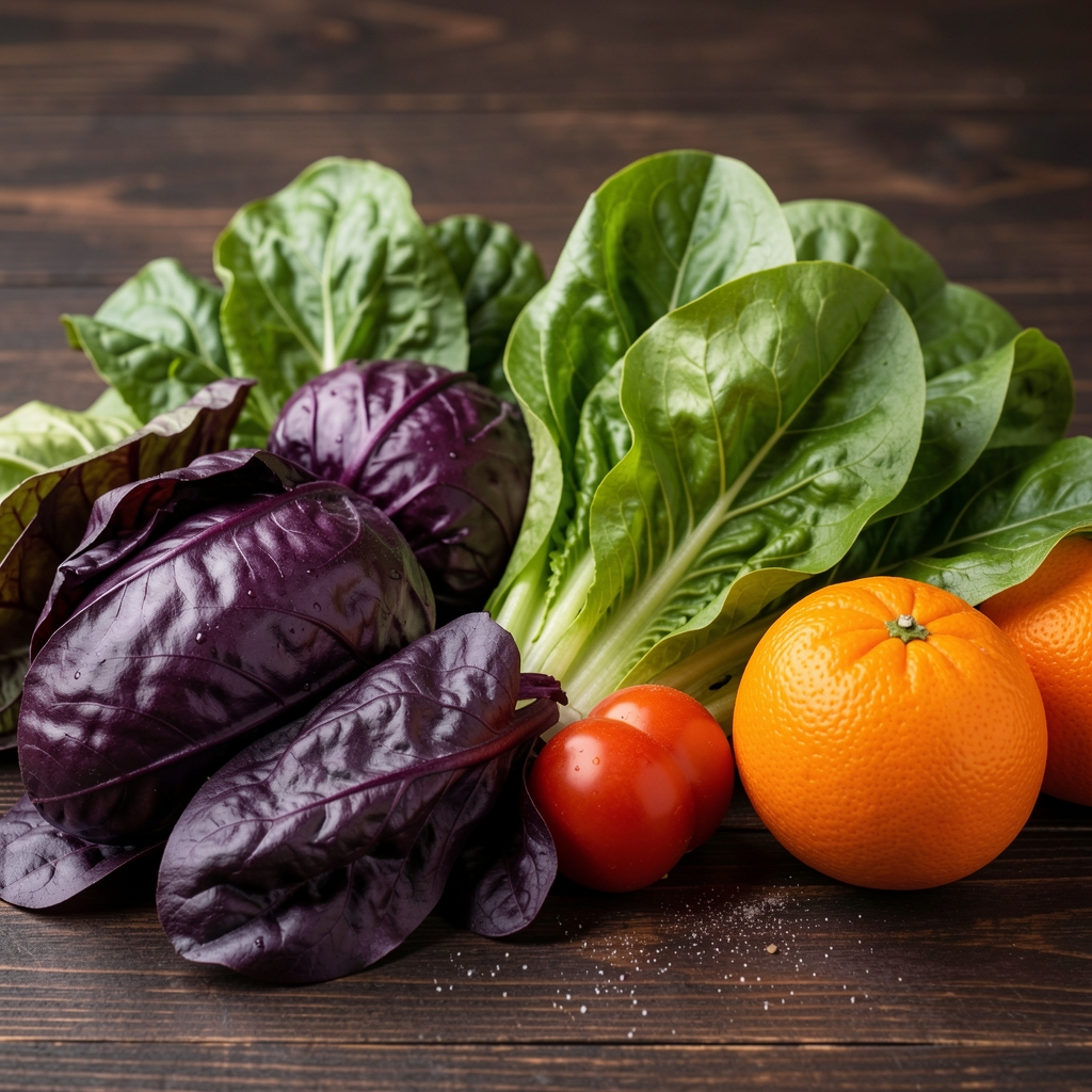 Close-up of fresh seasonal vegetables arranged on a dark wooden surface — vibrant greens, deep purples, and bright oranges against a textured background